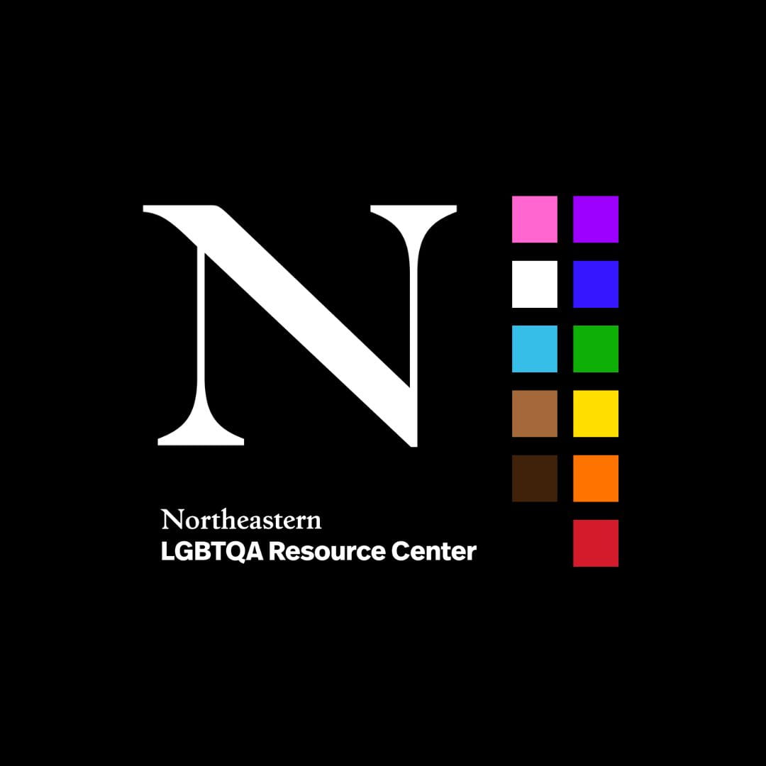 Northeastern University LGBTQA Resource Center logo. Big white N on a black background with rainbow squares to the right and Northeastern LGBTQA Resource Center below.